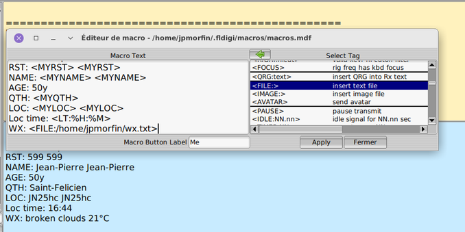 Sample of fldigi macro definition : 

WX: <FILE:/home/me/wx.txt>