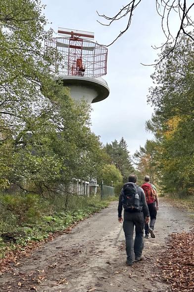 Hoher Turm mit drehendem Radar mitten im Wald.