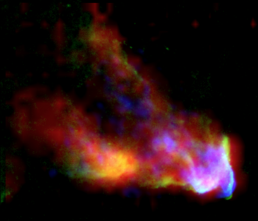 Three-color image of the Ghost Nebula with C+ emission from SOFIA/upGREAT (red), molecular hydrogen fluorescence from the Canada-France-Hawaii Telescope (green), and HCO+ gas emission from CARMA (blue). The ridge described in the text is the green-white vertical structure in the lower right corner.