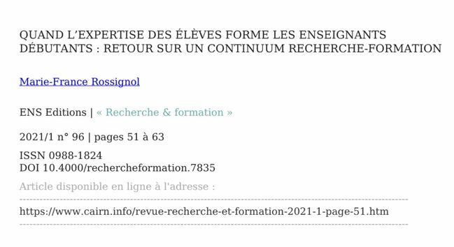 Quand l’expertise des élèves forme les enseignants débutants. 
Article de « Recherche & formation » 2021