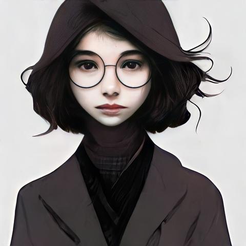 A head-and-shoulders portrait of Ashton Grenville, an 18-year-old white transmasc person with very pale skin, large dark eyes, and round wire-rimmed glasses, wearing an oversized black peacoat and a black turtleneck, his longish black hair blowing in the wind.
