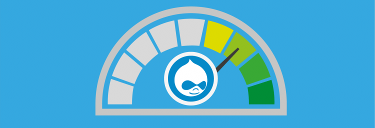 Graphic of the smiling Druplicon logo in the center of a needle gauge that goes from gray to green. The needle points roughly at position 2/3 in the green.