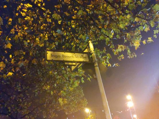 Straßenschild bei Nacht.
Das Schild wurde überklebt und dort seht nun: Ingo-Binsch-str.