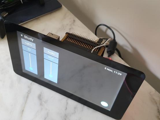 Raspberry Pi, touchscreen & amp showing an OpenHAB UI to control lights and audio in a room labelled "Study".