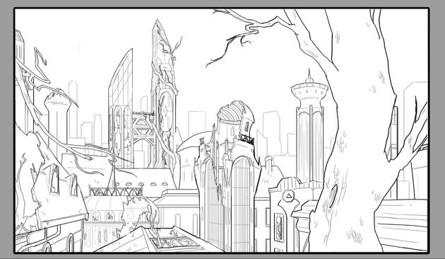 Line drawing of a destroyed city taken over by trees and vines.