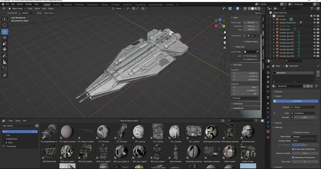 Work in progress long ship made of greeble oieces in blender UI