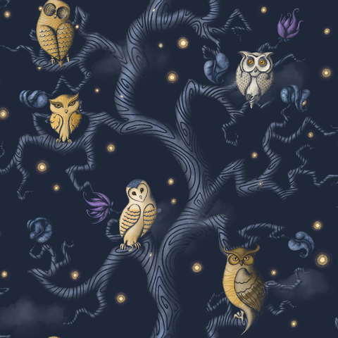 Illustration of a gnarly tree at night with cute owls sitting in its branches, children's book style.