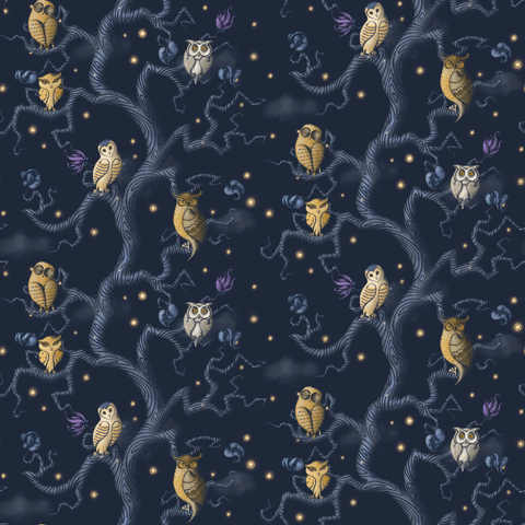 Seamless pattern of a gnarly tree at night with cute owls sitting in its branches, children's book style.