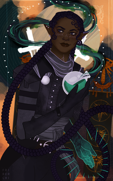 Tarot-style illustration of a rogue dalish elf wearing leather armor and carrying a potion of her hand, while the other glows in green. There are daggers on the background and the Inquition flags as well.