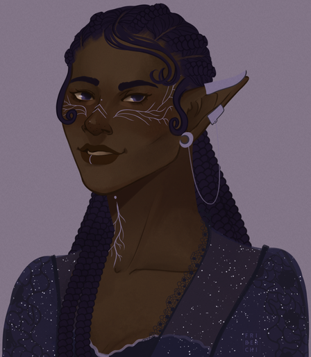 Portrait of a dalish elf smiling confidently at the viwer. She's wearing a moon earring.