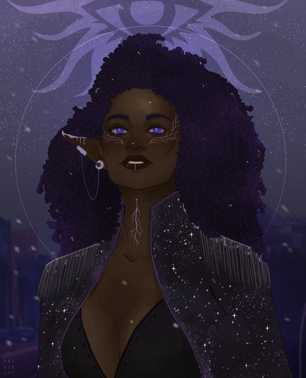 Portrait of a dalish elf in the night sky, standing confidently. It's snowing, but she looks unbothered. Her eyes glow and her heavily curly hair is free.