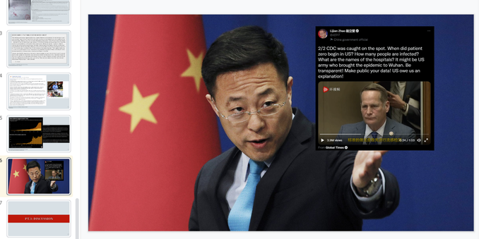 A photo of Zhao Lijian, edited to look like like Zhao is holding a screenshot of his own tweet. In the Tweet, Zhao suggests that Covid-19 was brought to China by the US military.