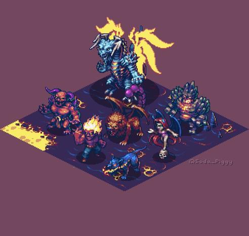 Classic RPG volcano monster pixel art characters