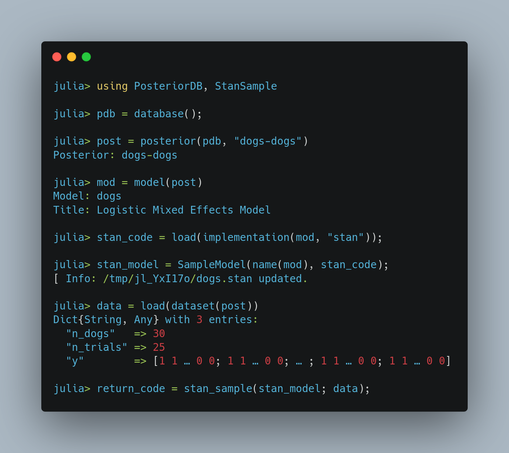 Julia REPL code example using PosteriorDB to load a posterior model and data and then sample the model with StanSample.