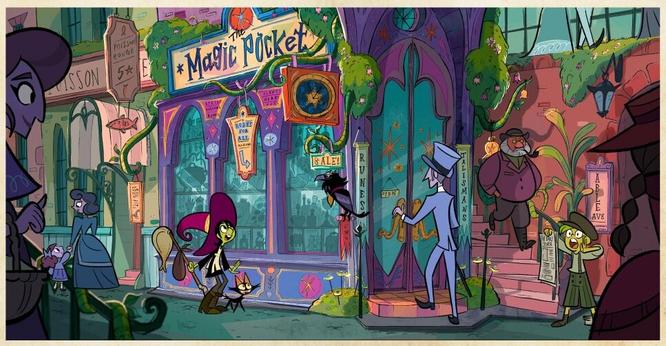 A young witch stand on a busy street looking with wonder up at a shop called Magic Pocket. The clothing and architecture looks Victorian. She has a black cat next to her feet, and she is holding a mop.