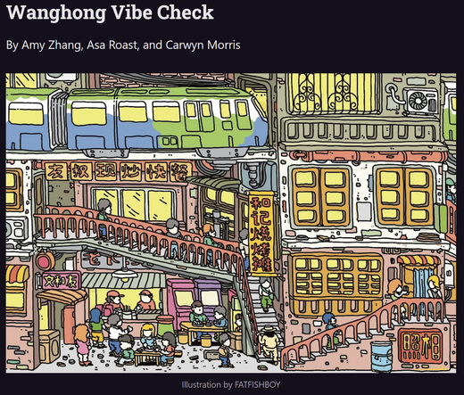 The illustrated cover image for a substack article called Wanghong Vibe Check, by Amy Zhang, Asa Roast and Carwyn Morris.