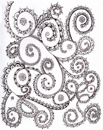 A hand-drawn mess of swirly brown ink lines decorated with black line loops and patterns on a sheet of paper. It's messy and 'loose'.