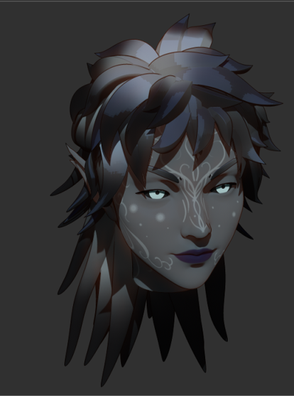 A woman with pointed ears, pale gray skin and black hair with white roots. She has sea green irises with black sclera