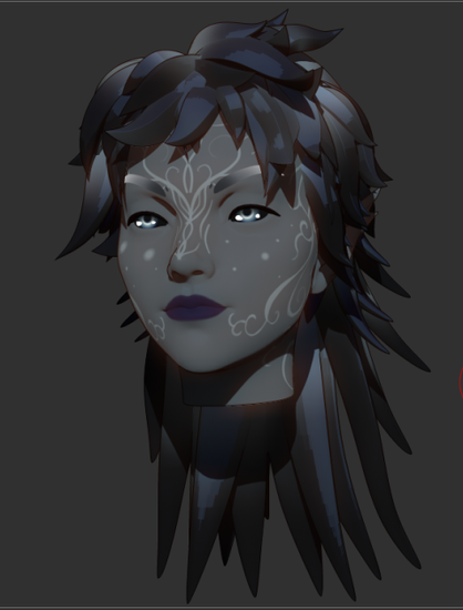 A woman with pointed ears, pale gray skin and black hair with white roots. She has sea green irises with black sclera