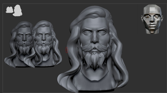 A digital bust of a man in the Zbrush view port. He has long hair, a bushy mustache and a medium length beard.