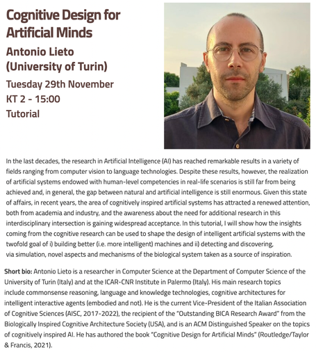Flyer - Antonio Lieto, Invited Tutorial "Cognitive Design for Artificial Minds"