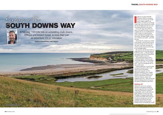 Double-page spread from Bird Watching magazine, featuring a picture of Cuckmere Haven and part of a story about the South Downs.