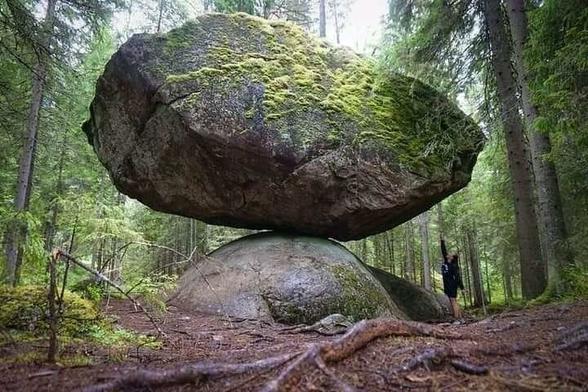 a large stone placed on another large stone in the middle of a forest