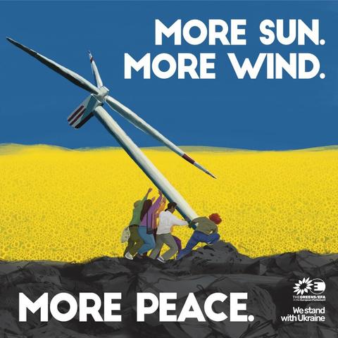 Illustration shows people raising a wind turbine against a background of Ukrainian flag. Text More Wind, More Sun, More Peace.  Echoes flag raising on Iwo Jima in WWII.