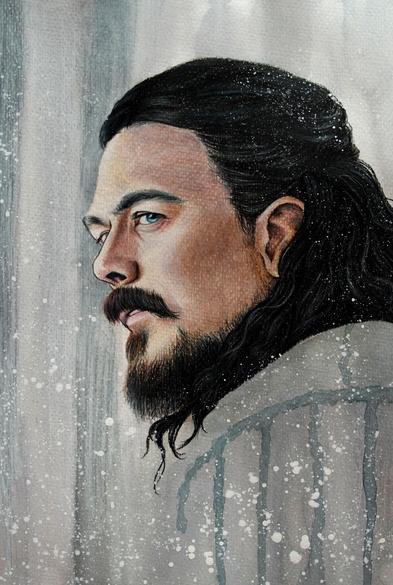 Watercolor portrait of Luke Arnold, playing Long John Silver in Black Sails, in an almost profile view, looking at the camera in a rather traditional watercolor painting.