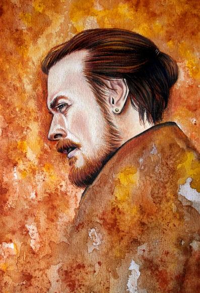 A profile shot of James Flint played by Toby Stephens looking into the distance made in mostly red and orange watercolors.