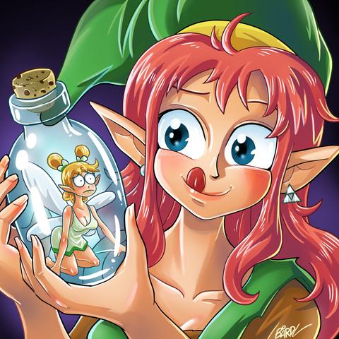 Drawn in a cutesy colorful style.
A female version of Link looking with hungry eyes on a fairy she just put in a bottle.