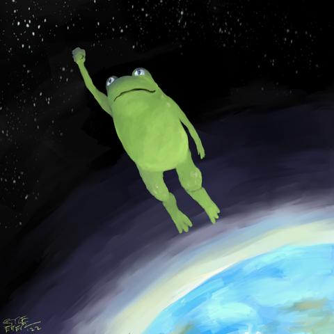 Color digital painting of a green frog flying upward from Earth into space with one fist raised