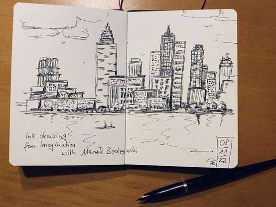 Federzeichnung einer imaginären Skyline an einem See mit unterschiedlich gestaffelten Wolkenkratzern.
Bildunterschrift:
Ink drawing from Imagination with Marek Badzynski