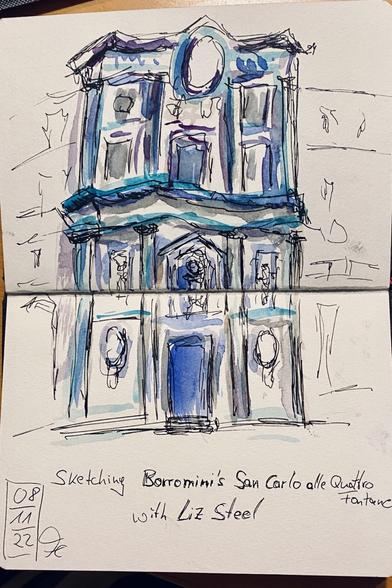 Aquarellskizze einer barocken Kirchenfassade in expressiven Farben wie Türkis, Ultramarin und Purpur, ergänzt mit schwarzen Federstrichen.
Bildunterschrift: Sketching Borromini‘s San Carlo alle Quattro Fontane with Liz Steel.