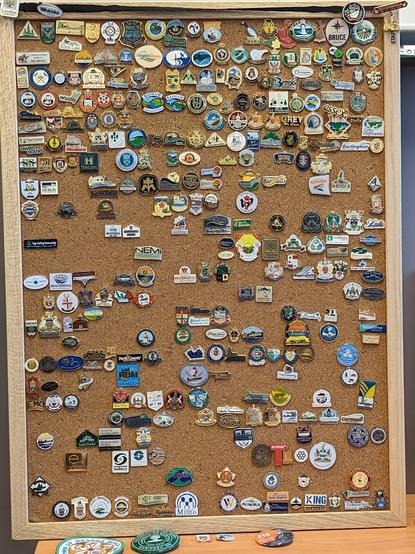 A bulletin board with approximately 265 lapel pins from Ontario municipalities.