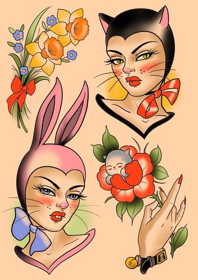 Page of tattoo flash.  Small posey of daffodils, cartoon woman in cat ear bonnet with bow, cartoon woman with bunny bonnet and buck teeth, hand holding rose that has a tiny cat nestled in the centre