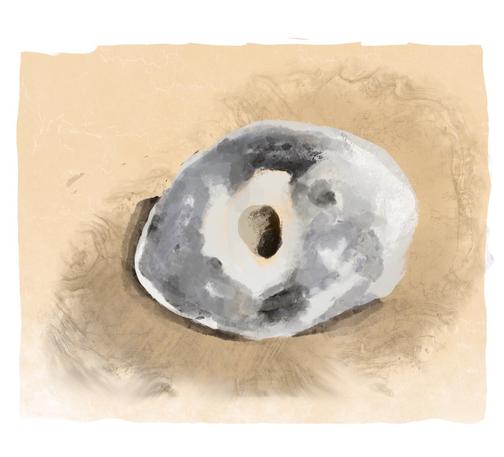 Drawing of a perforated stone in the colours grey and beige. Such a stone is called a chicken god. For me it is a chicken goddess. Drawn with Procreate

Zeichnung eines Lochsteins in den Farben Grau und Beige. So einen Stein nennt man Hühnergott. Für mich ist es eine Hühnergöttin. Gezeichnet mit Procreate