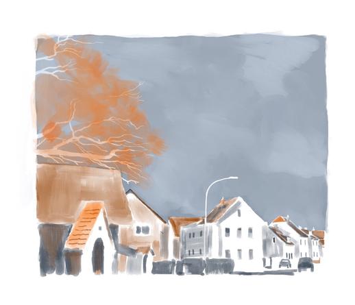Drawing. Houses along a street, the sky is grey, the roofs shine in a warm brick red. The drawing is entirely in grey and red. The main road leading through Ober-Mörlen can be seen. Ober-Mörlen is a small town in the Wetterau, Hesse, Germany 
I made this drawing with Procreate