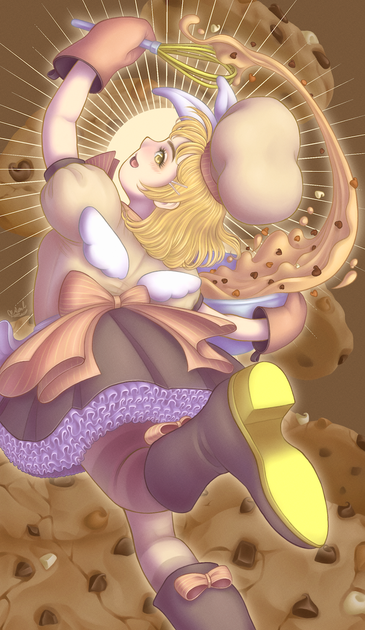 Vocaloid character Rin kagamine standing with her back to the audience and one leg up. Her right hand is hugging a metal bowl of cookie batter while her left hand is up high pulling the cookie batter into an arch with a yellow whisk.
She is wearing a baker's uniform that is based on the "sweet magic" music video.
There is a glowing halo that draws the audience's eyes to her face.
She is standing against a background of large falling chocolate chip cookies.
This painting was done for a Vocaloid inspired digital tarot project.