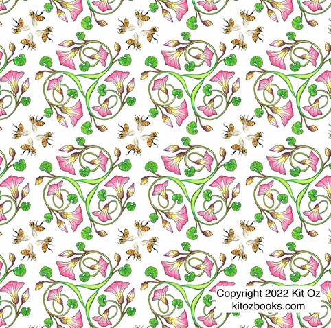 the finished fabric design, showing a repeating pattern of the flower triskelion and bees.
