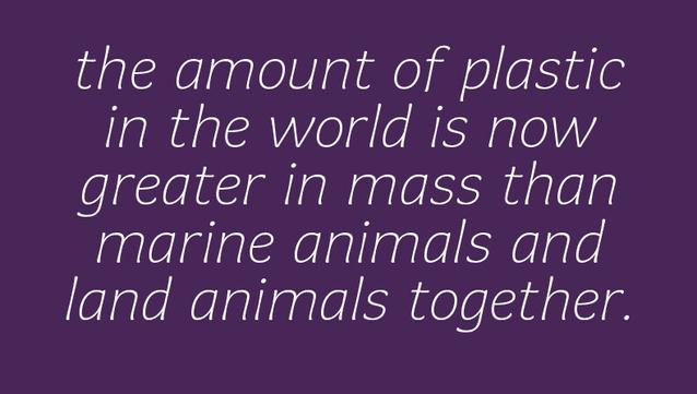 Quotation "the amount of plastic in the world is now greater in mass than marine and land animals together", extra-light italic typeface.