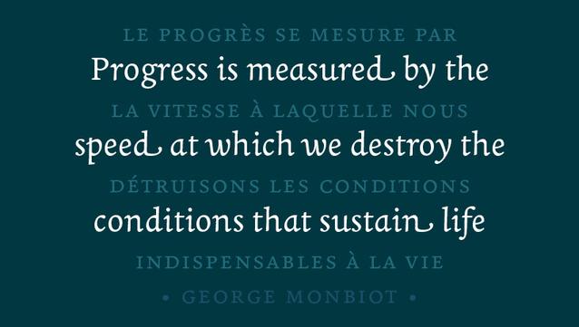 Quotation "Progress is measured by the speed at which we destroy the conditions that sustain life", upright italic typeface.