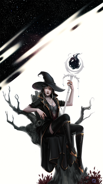 A woman sitting on a dead tree. She's dressed in black, wearing a big witch hat and has a staff in one hand. The background is mostly white except for the upper left corner where the white makes room for a starry night sky.