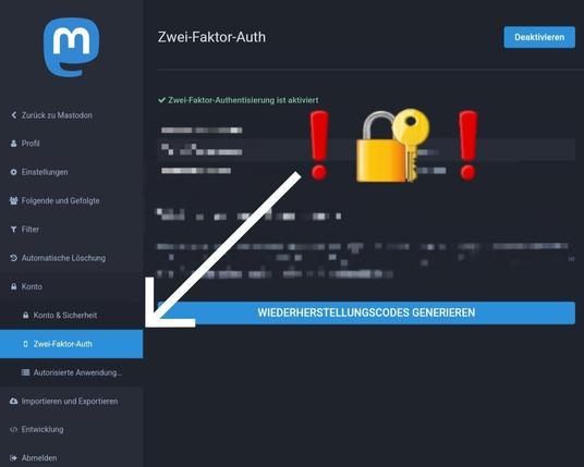 Screenshot von den Kontoeinstellungen des Mastodonkontos mit Markierung der Option für die Zwei-Faktor-Authentifizierung.
