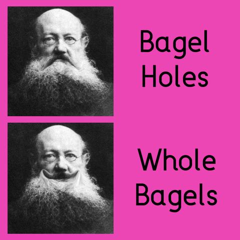 A meme featuring 2 pictures of Pyotr Kropotkin in a cerise background.  The picture of Kropotkin has his beard form a frown, alongside the text "bagel holes". The lower Kropotkin has his beard forming a smile. His text says "Whole bagels"
