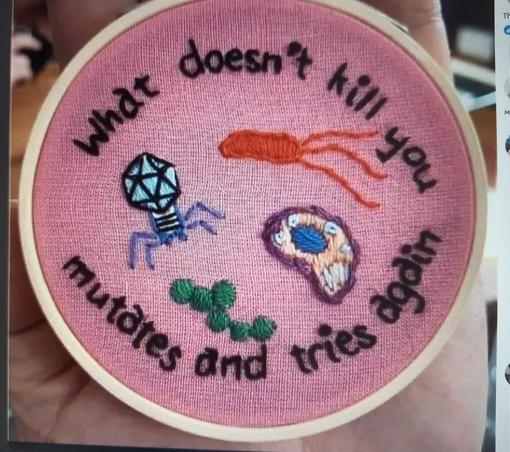 An embroidery with images of pathogens like viruses and bacteria. A writing reads: "what doesn't kill you, mutates and tries again"