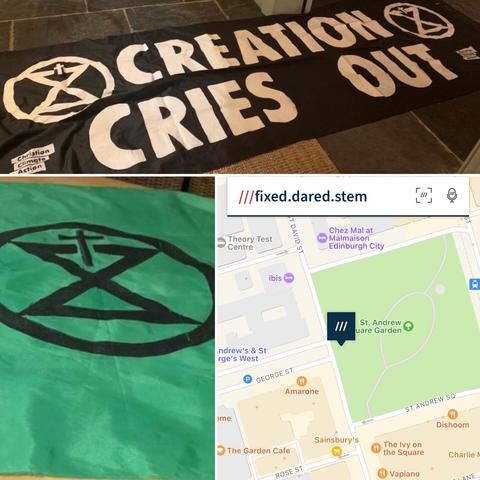 3 images in collage. One is a black banner with white letters reading ‘creation crises out’ with CCA logos, the second is a green flag with a black CCA logo and the third is a what three words map showing location ‘fixed dared stem’