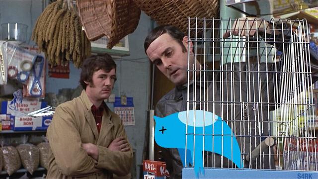 Scene from the Monty Python "dead parrot sketch", with a deceased Twitter bird in the cage