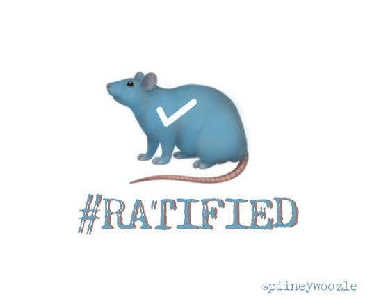 A blue cartoon rat with a pink tail and a white checkmark on its fur, signed @pineywoozle