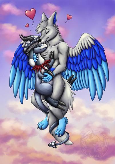 Digital art, a winged wolf is cuddling a blue Breloom (a mushroom Pokémon). Background is a sky at dawn.